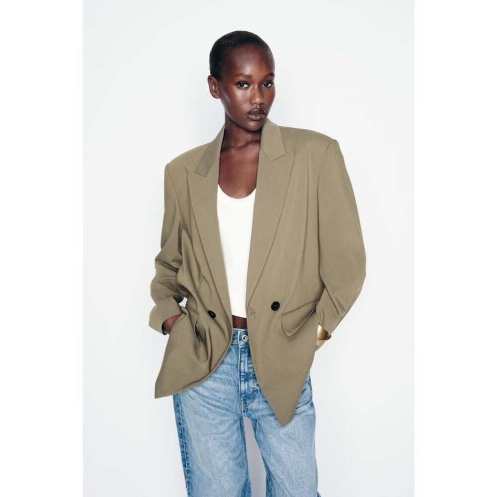 ZARA Womens Blazer Jacket Double-Breasted Oversize Pockets Long Sleeve‎ Khaki XS